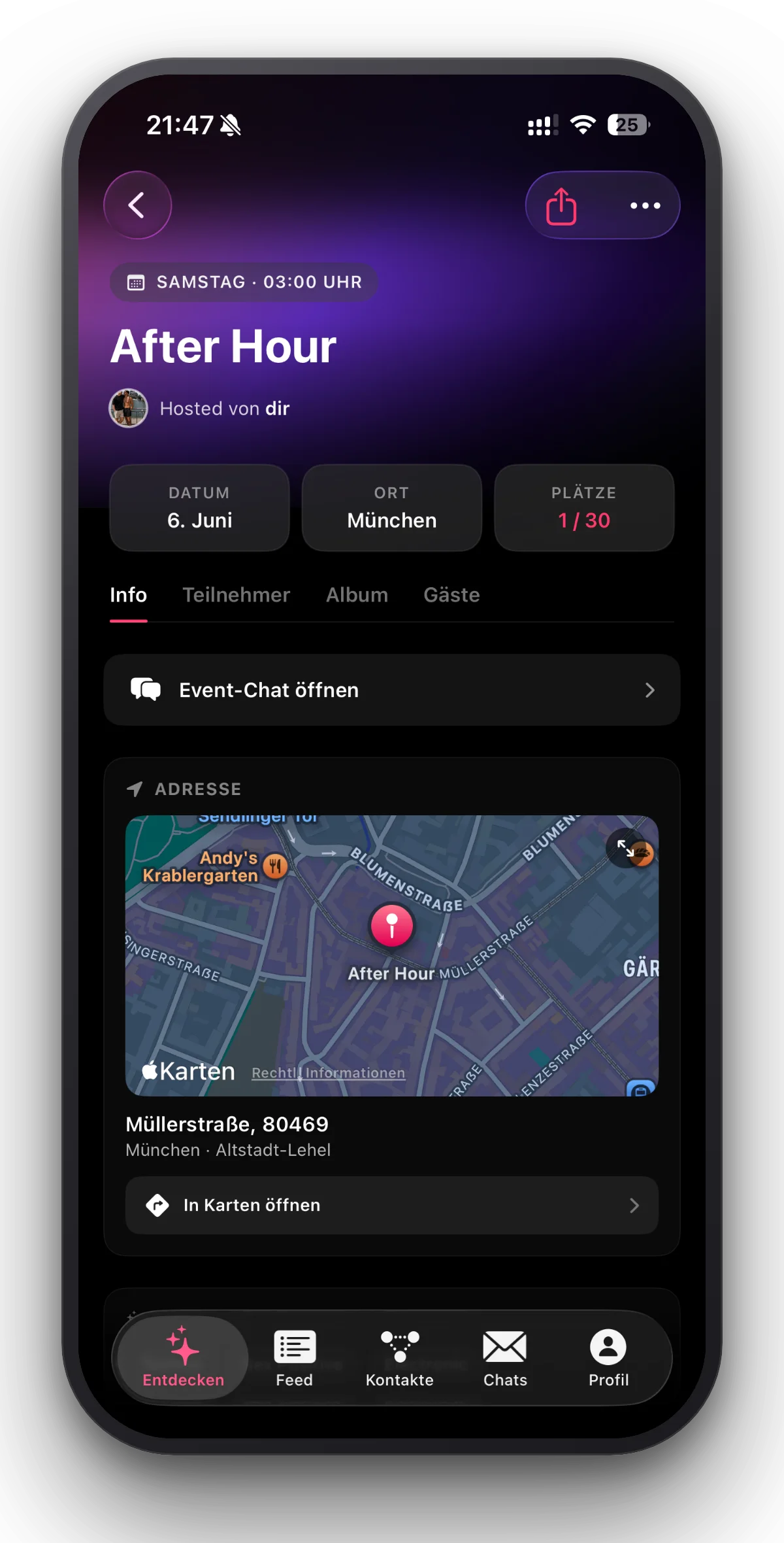 lingr Events – Detail – Host, freie Plätze, Event-Chat & Adresse.